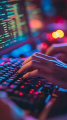 Wall Mural - hands typing on vintage mechanical keyboard with multiple coding screens displayed