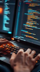Wall Mural - hands rapidly typing code on vintage mechanical keyboard in software development workspace
