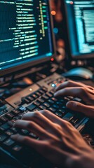 Wall Mural - hands rapidly typing on mechanical keyboard with multiple code editor windows displaying
