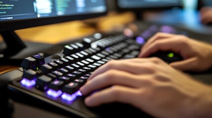 Extreme Close up of Programmer s Hands Coding on Customized Mechanical Keyboard
