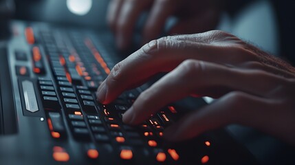 Wall Mural - close up view of programmer s hands typing on customized mechanical keyboard with intricate