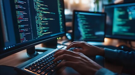 Wall Mural - captivating close up of a programmer s hands immersed in the intricate coding process