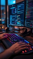 Wall Mural - meticulous tech enthusiast coding on compact rgb mechanical keyboard with multiple screens