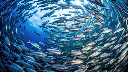 Wall Mural - School of small fish swimming in synchrony under ocean surface sunlight. Generative AI