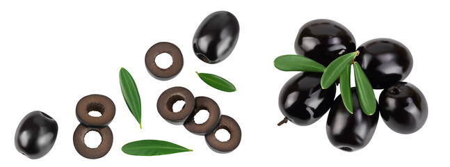 Wall Mural - Black olives with leaves isolated on a white background with full depth of field. Top view with copy space for your tex. Flat lay