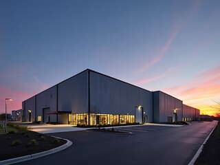 modern factory building at sunset