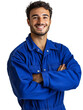 © Pixel - Smiling worker in blue uniform crossing arms, confident expression