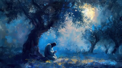 Wall Mural - ethereal garden of gethsemane jesus kneeling in fervent prayer soft moonlight olive trees casting shadows oil painting style rich textures spiritual intensity emotive brushstrokes