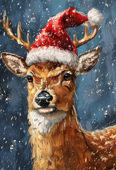 Wall Mural - Charming AI-Generated Christmas Deer in Santa Hat - Festive Holiday Art