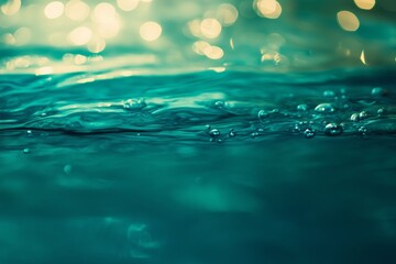 Poster - Bubbles rise through the turquoise water under soft, glowing light in an underwater setting during the daytime