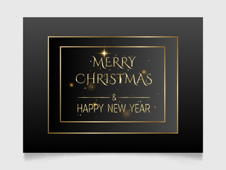 Handwritten Christmas and New Year greetings in a golden frame, modern festive lettering over black. Holiday season design illustration template.