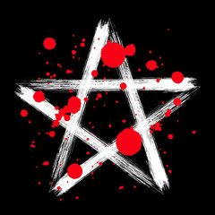 Wall Mural - White pentagram magic occult star symbol. Hand brush drawing with red drops splatter.