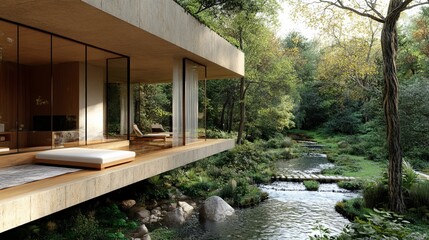 Wall Mural - Minimalist House With a Terrace Over a Small River in the Middle of a Forest