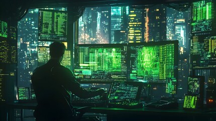 Coder Crafts Cutting Edge Algorithms in Hyper Stylized Digital Realm with Synthwave Flair