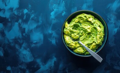 Delicious guacamole in a bowl on a textured blue background with a spoon for a fresh culinary experience