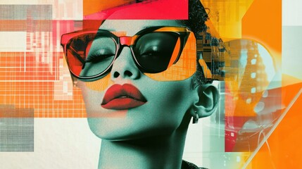 Wall Mural - Concept of woman face with glasses collage color model abstract retro background wallpaper AI generated image