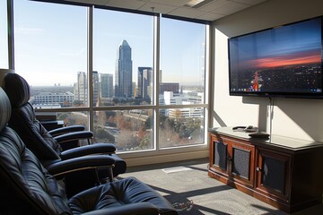 Wall Mural - Two Black Leather Recliners Facing a Window with a City View and a Television Displaying a Sunset Cityscape