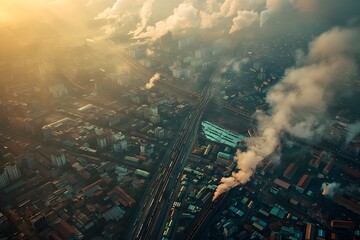 Aerial View of Urban Landscape with Smoke and Sunlight