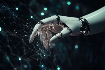 Robot hands interacting with vast global network data, showcasing science and ai innovations