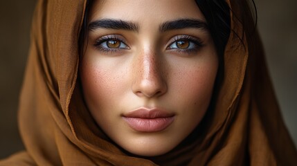 portrait photography of woman wearing brown headscarf