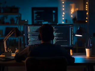 Wall Mural - focused developer coding in minimalist workspace with dark theme
