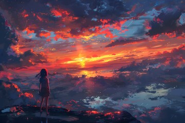 Wall Mural - A Serene Sunset: A Girl Gazes at the Vibrant Horizon