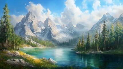 Wall Mural - Painted Natural Scenery With High Mountains