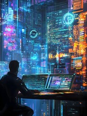 Futuristic Digital Painting of a Comprehensive Website Design Lifecycle Encompassing User