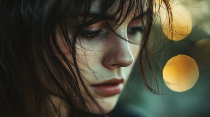 Wall Mural - A woman with a nose ring and long hair is looking at the camera