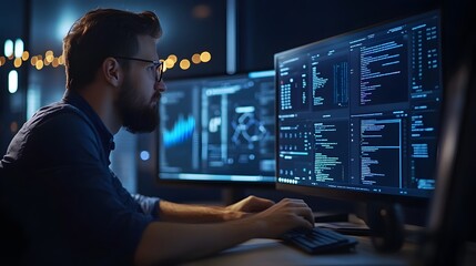 Wall Mural - it professional overseeing advanced multifaceted web management dashboard with data analytics and