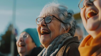 A group of seniors share laughter and warmth during a cheerful gathering outdoors