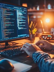 Wall Mural - focused developer diligently coding website at dimly lit modern workspace