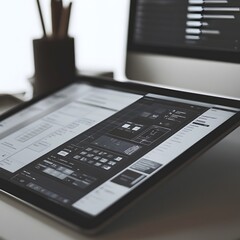 Wall Mural - tablet revealing website prototype with modular drag and drop components in serene digital studio