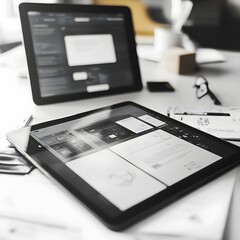 Wall Mural - tablet revealing website prototype with modular design editing software in serene digital studio