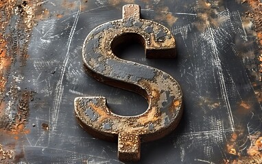 A rusty metal dollar sign on a grunge background.