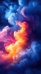 Wall Mural - A vibrant abstract background of swirling clouds in shades of blue, pink, orange, and yellow with a dark background.