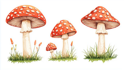 Illustration, set of Fly agaric isolated on white background, design for nursery. Fly agaric design for children’s book, school, education. Design element for autumn mockup.