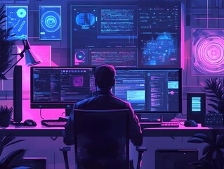 Wall Mural - skilled programmer meticulously optimizing website s seo and ai powered content recommendations