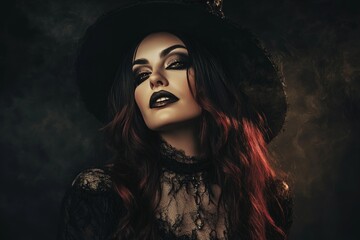 Gothic witch portrait  eerie halloween costume of a beautiful woman on a dark background