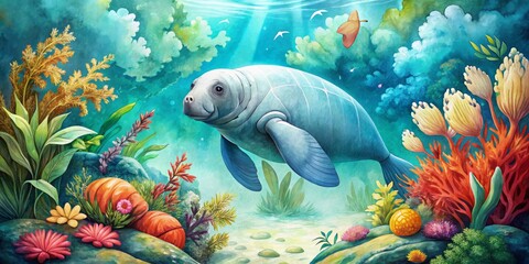 A serene watercolor illustration of a majestic manatee swimming in turquoise waters, surrounded by vibrant coral and