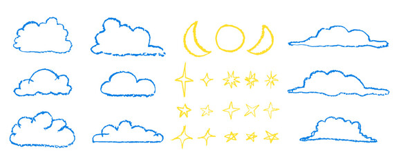Wall Mural - set of hand drawn by wax pencil clouds stars and moon. collection of writing by children pastel outl