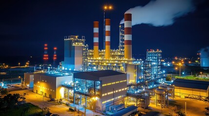 Wall Mural - Illuminated Industrial Complex with Tall Chimneys at Night