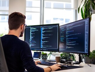 Wall Mural - skilled programmer streamlining website and boosting productivity with dual monitors