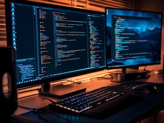 Wall Mural - proficient programmer streamlining website with api and dual monitor setup enhancing productivity