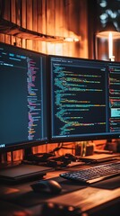 Wall Mural - experienced programmer deftly integrating api within a polished website dual monitor arrangement
