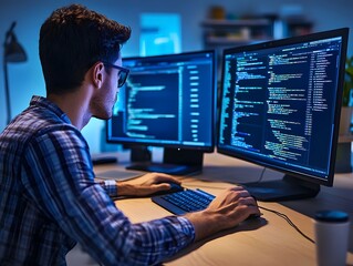 Wall Mural - proficient programmer implementing cutting edge api on website with intense focus