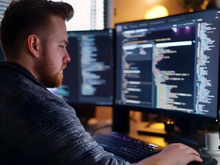 Wall Mural - talented programmer skillfully implementing api on website with intense focus