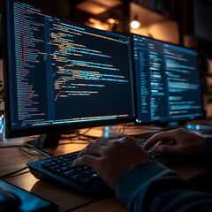 Wall Mural - programmer seamlessly integrating api into website rapid typing intense problem solving