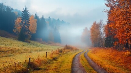 Wall Mural - Beautiful Foggy Autumn Morning Nature Scenery