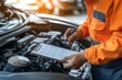 © Mikki Orso - Automobile mechanic inspecting vehicle engine  maintenance checklist and repair services overview